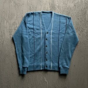 Vintage Sears Cardigan Sweater Large Blue 1970s Striped Knit